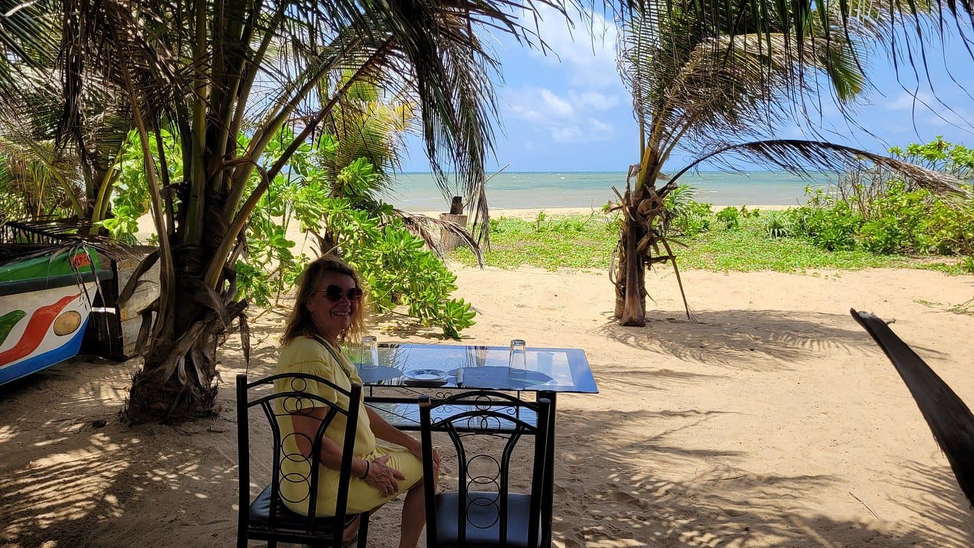 A guest enjoying a rice and curry lunch by the palms