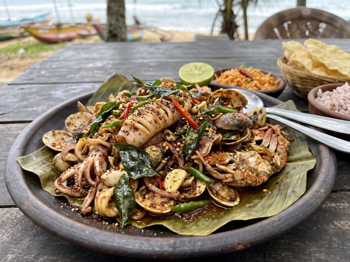 A platter of squid, clams and crab cooked with chilli, garlic and curry leaves